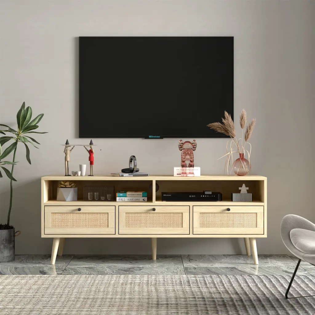 Ufurpie Rattan TV Stand Solid Wood Feet Natural TV Console 50 Inch TVs