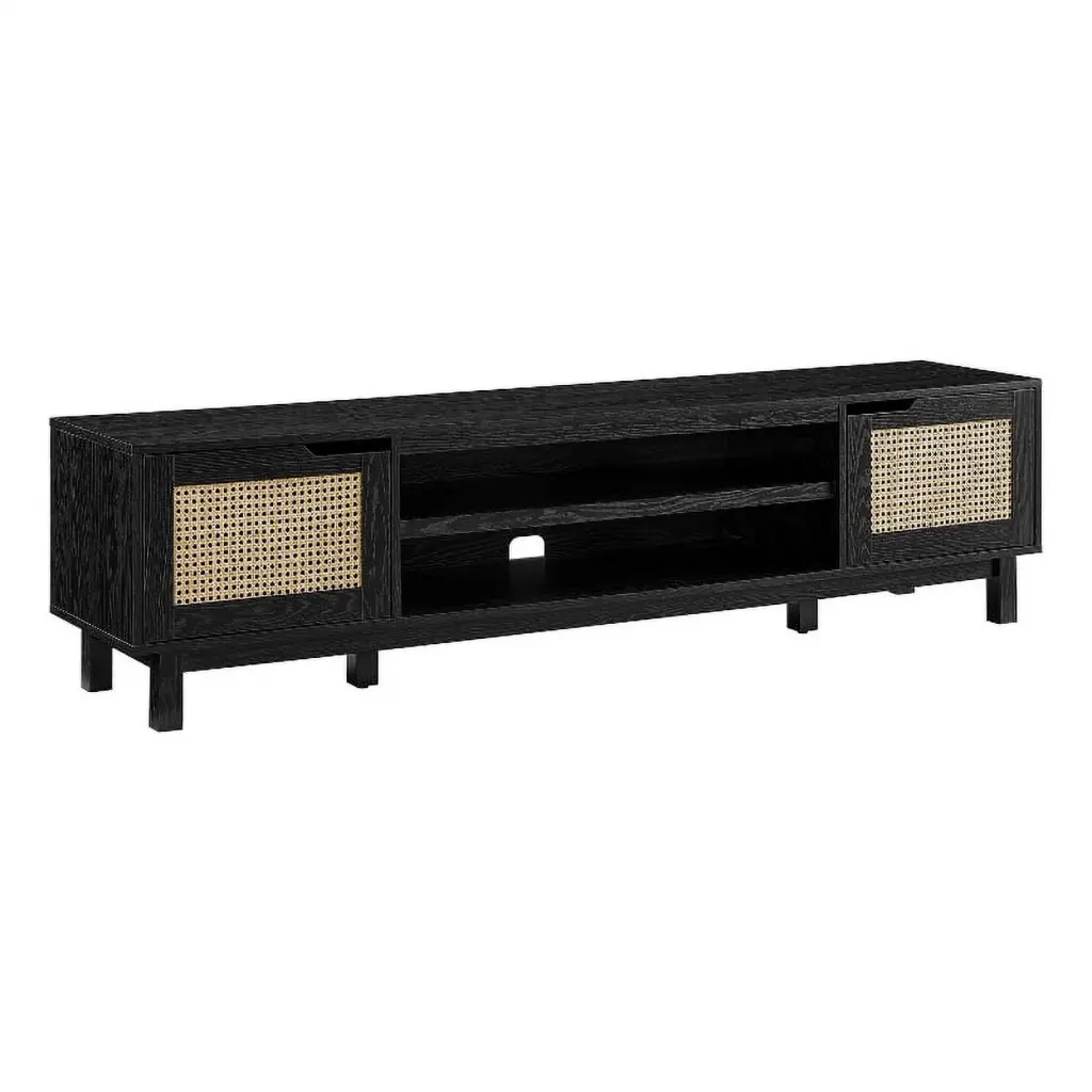 70 Inch Wood 2-Door Rattan TV Stand 80 Inch TVs Black Walker Edison