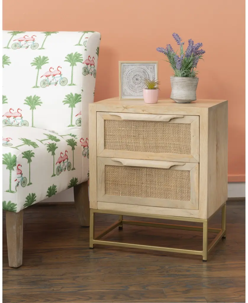 Janie 2-Drawer Rattan Cabinet Natural and Gold Storage Side Table Powell
