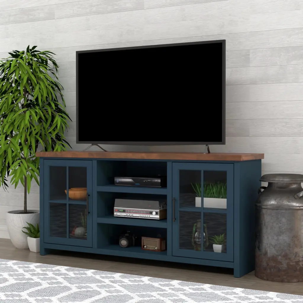Living Pavilion Bridgevine Home Nantucket 67 inch No Assembly TV Stand Blue Denim and Whiskey Finish