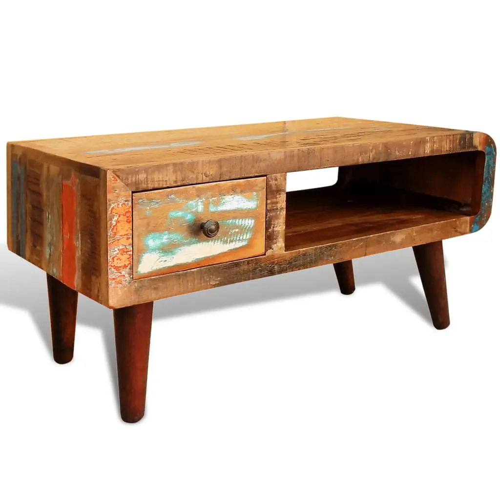 vidaXL Coffee Table Curved Edge 1 Drawer Reclaimed Wood