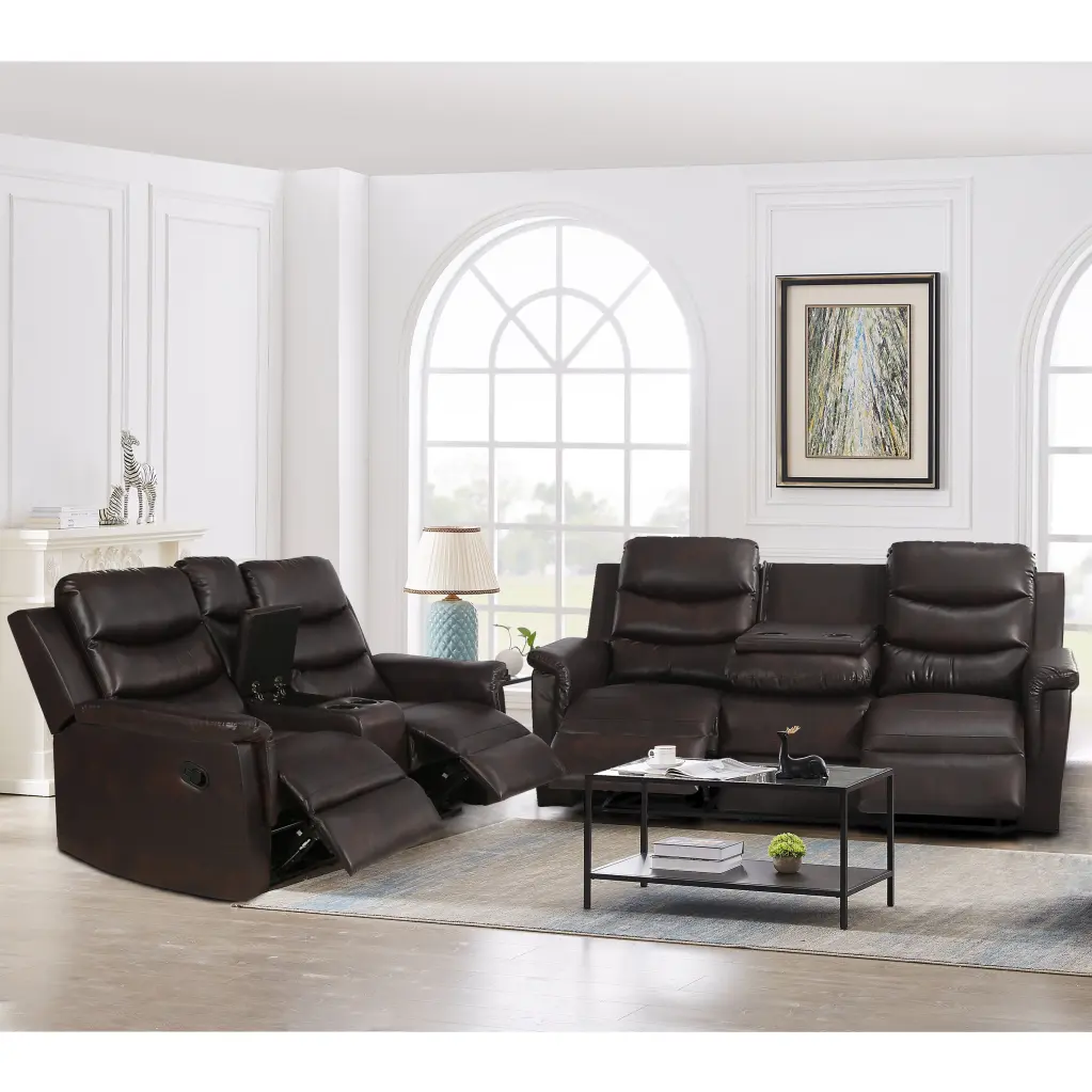 2 Piece Manual Recliner Living Room Set Grey Brown Pu Leather relax lounge