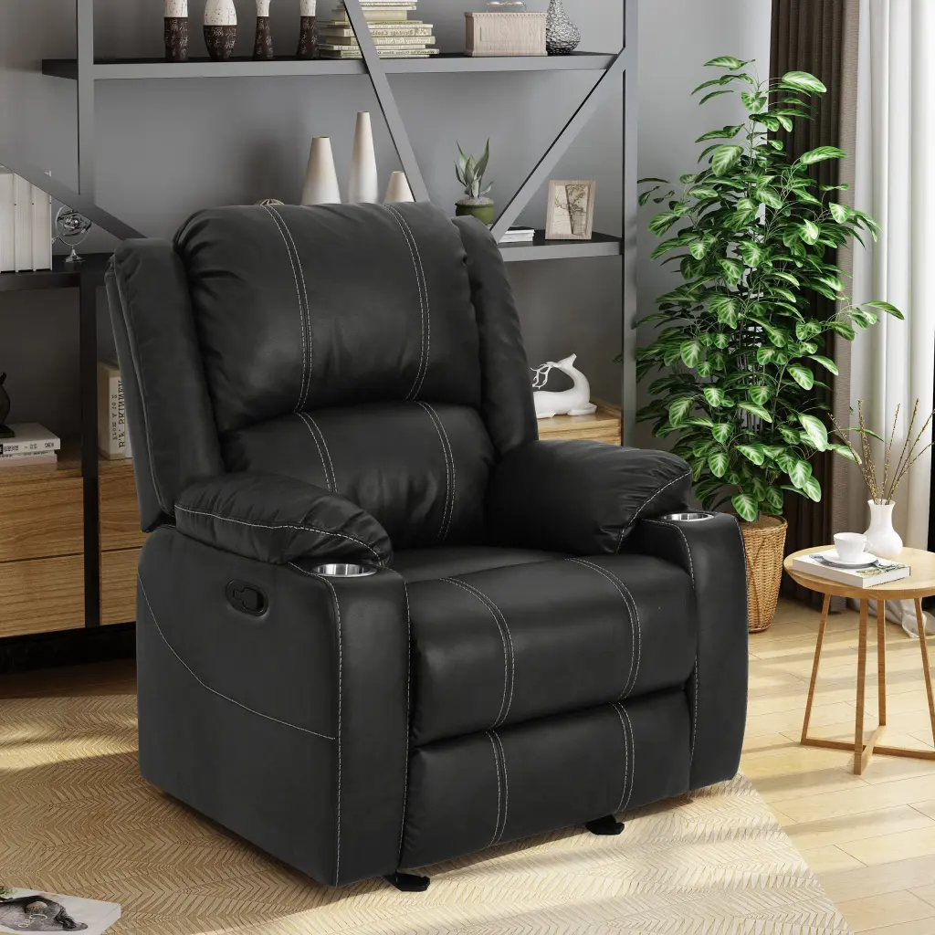 Black PU Glider Recliner Chair Steel Cup Holders Living Room nh-ocean furniture