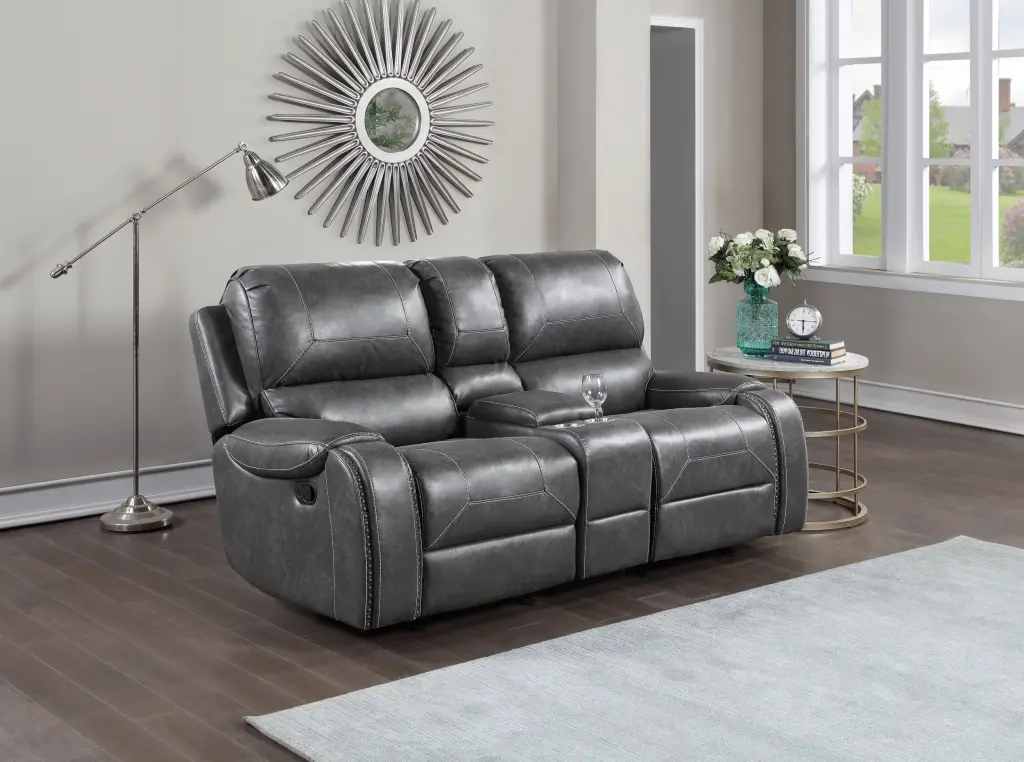 Keily Manual Reclining Glider Loveseat Gray Dark Gray Faux Hide steve silver furniture