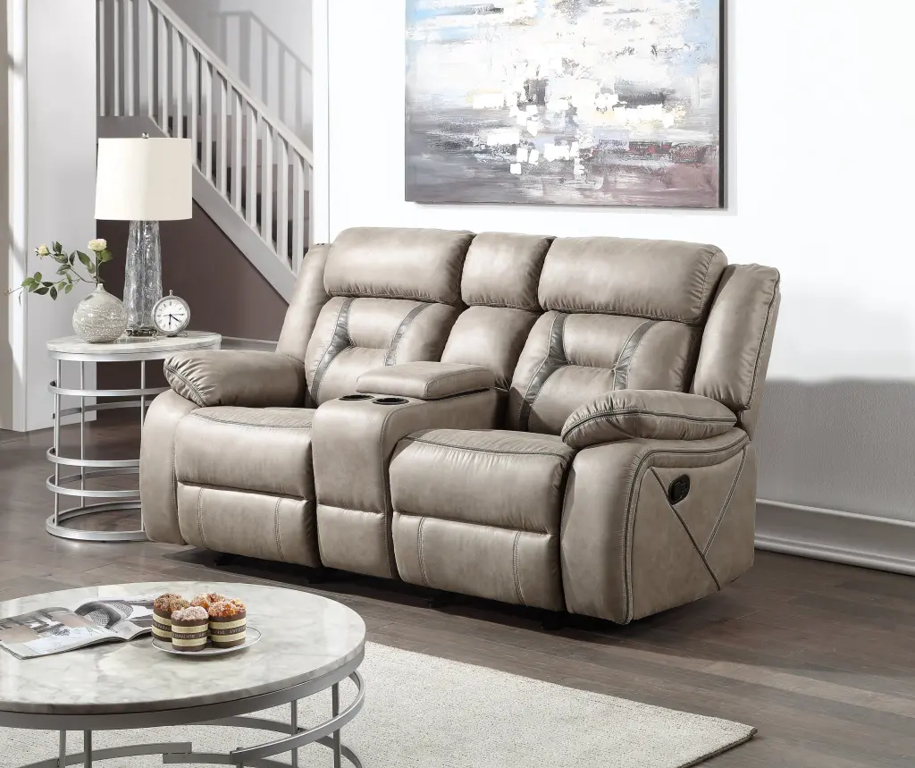 Tyson Reclining Glider Console Grey Faux Hide 2 Seat Living Room Chair steve silver furniture