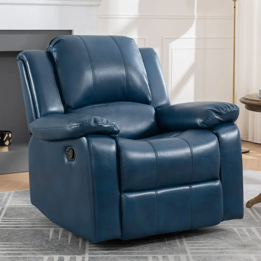 Navy Blue Faux Leather Swivel and Glider Recliner Chair Manual Push Back lehboson