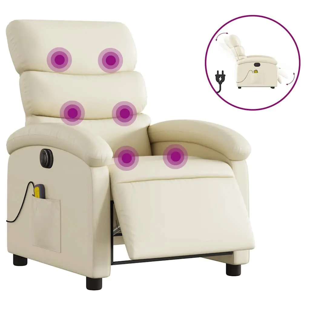 Electric Massage Recliner Chair Cream Faux Leather Heat Function