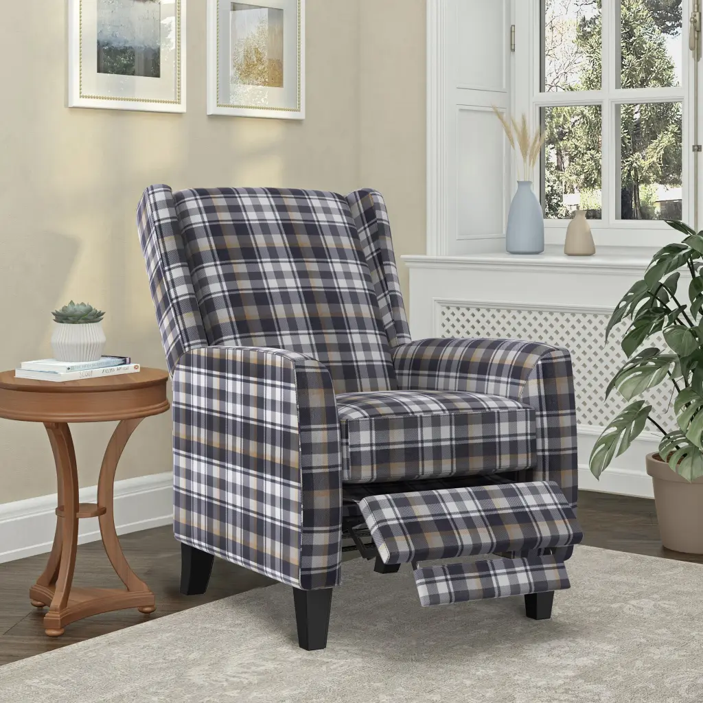 Savannah Recliner Grey Plaid Velvet Manual Push Back Timber Cushion Chair golden oak home