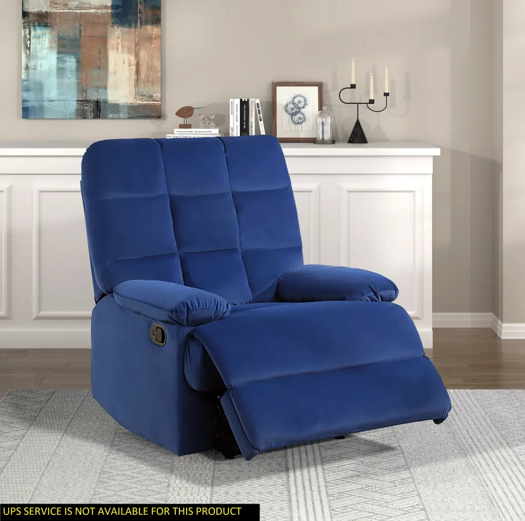 Blue Velvet Reclining Chair Square Tufted Back and Pillowtop Armrests kanepe