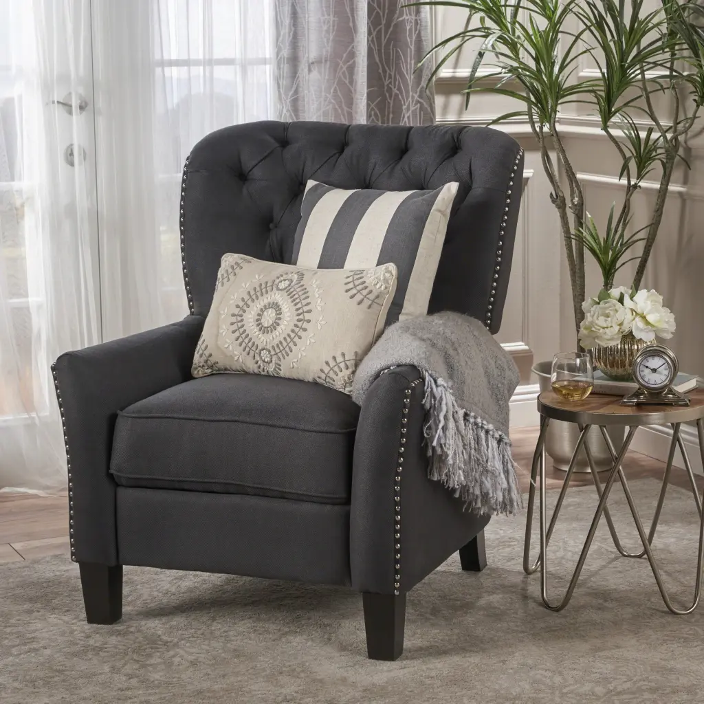 Modern Dark Grey Material Push Back Recliner Antique Finish