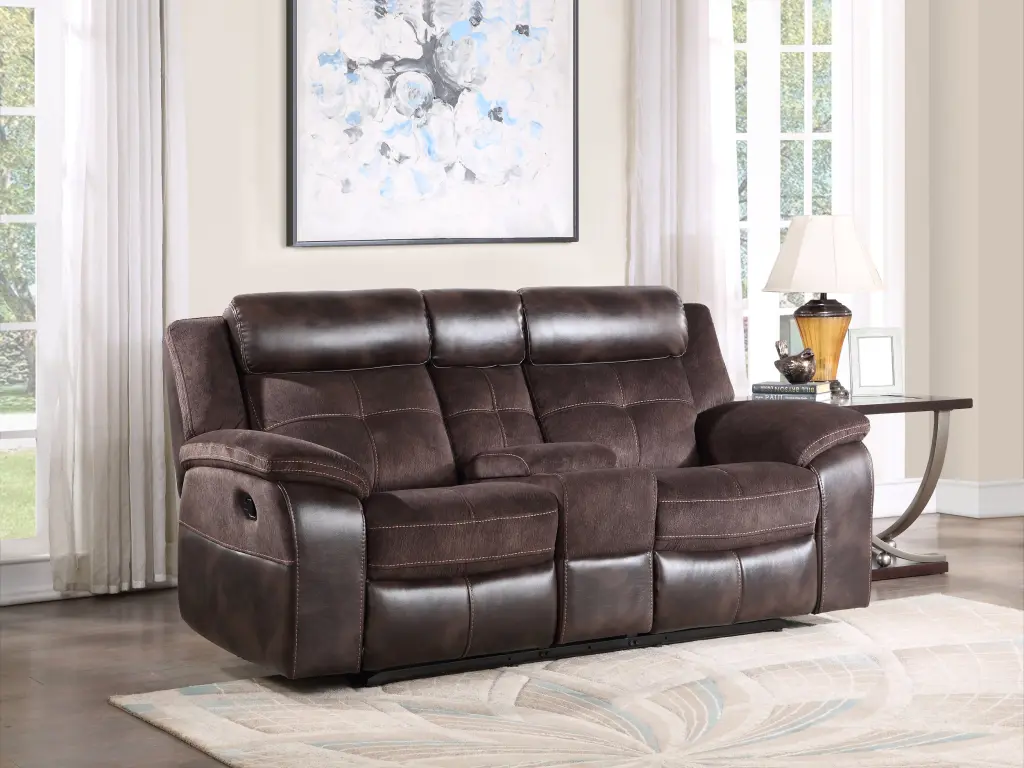 Pueblo Manual Recliner Console Dark Brown Faux Leather 2 Seater Sofa steve silver furniture