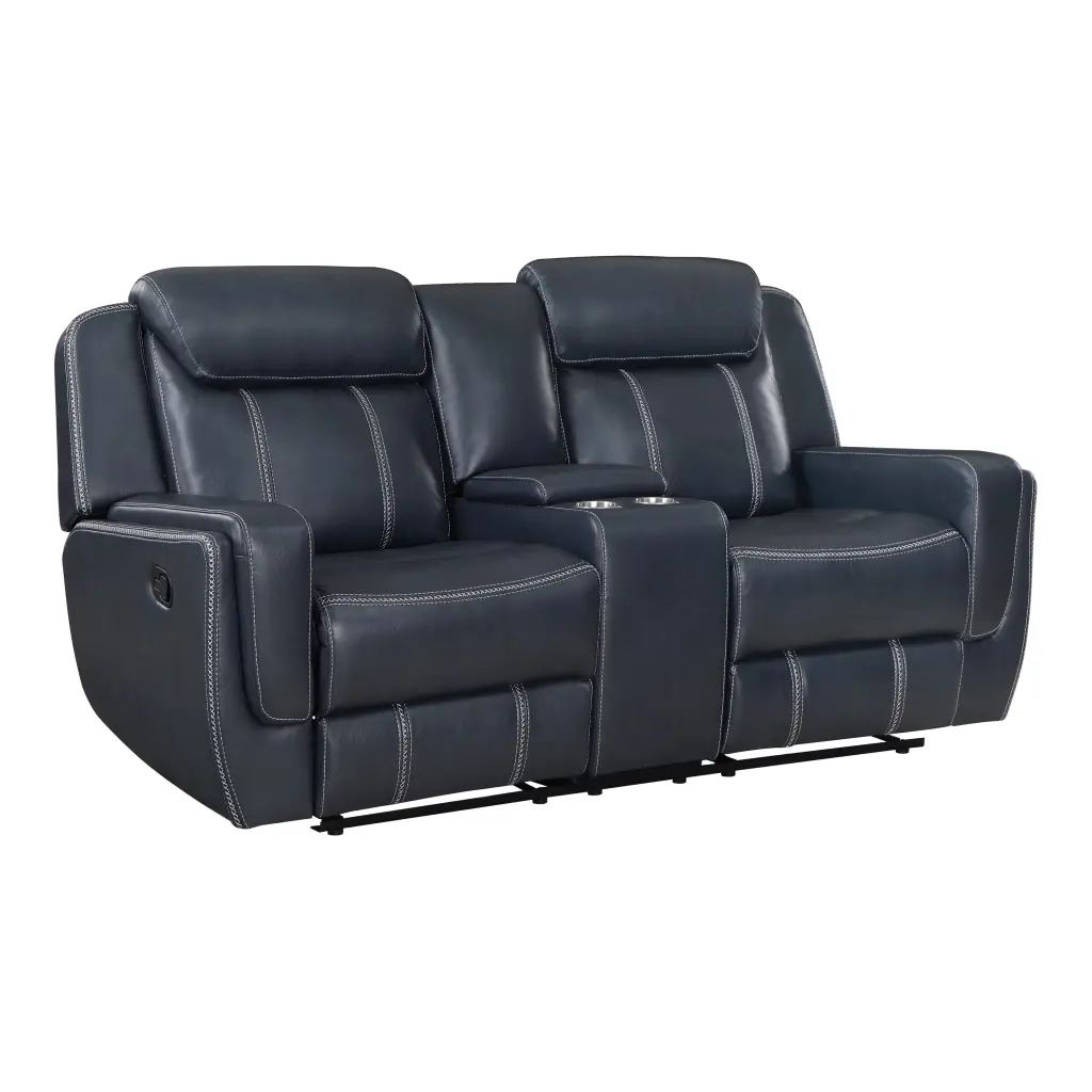 Modern Blue Dual Reclining Loveseat Center Console Faux Leather Upholstery kanepe