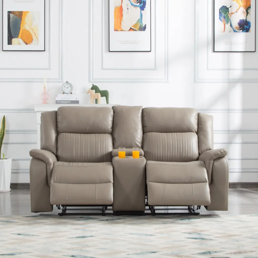 72 Inch Manual Reclining Loveseat Gray Pu Leather Living Room Sofa relax lounge