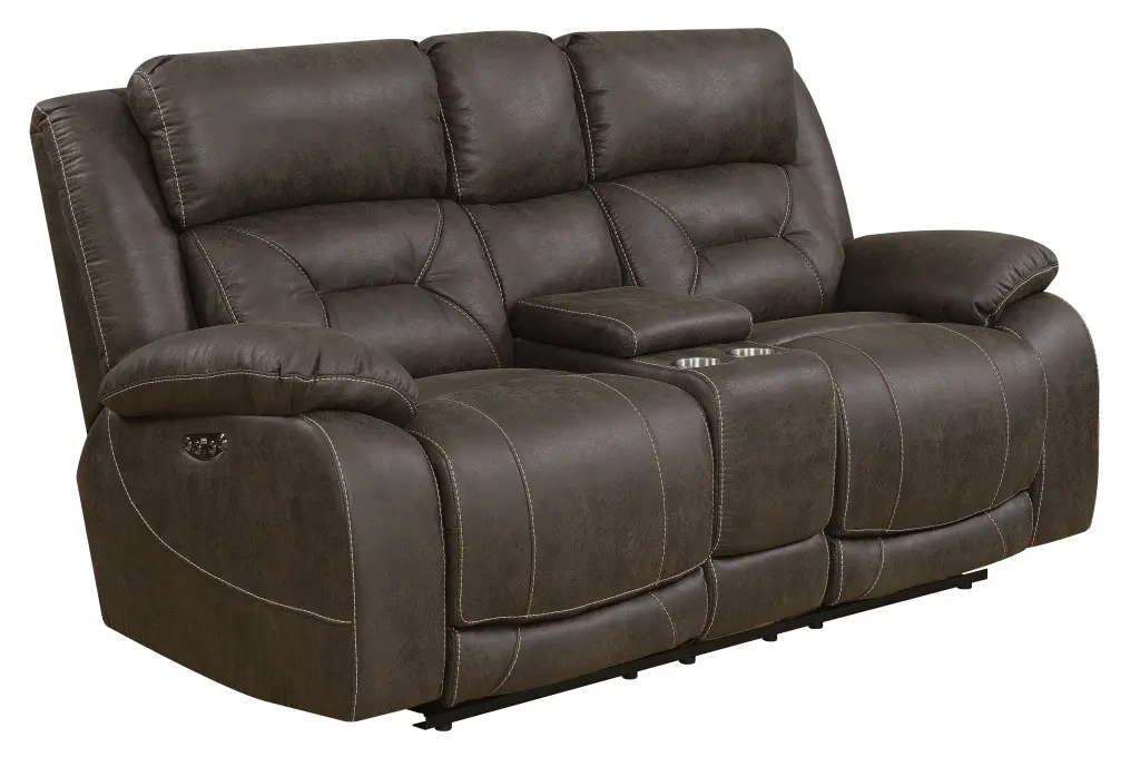 Aria Dual Power Loveseat Console Brown Material 2 Seat Recliner steve silver furniture
