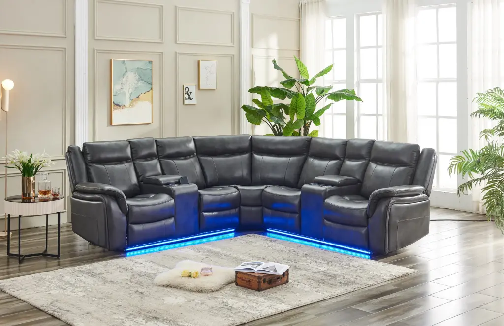 Le152 Power Reclining Sectional Sofa Gray LED Strip Technical Leather levin furniture