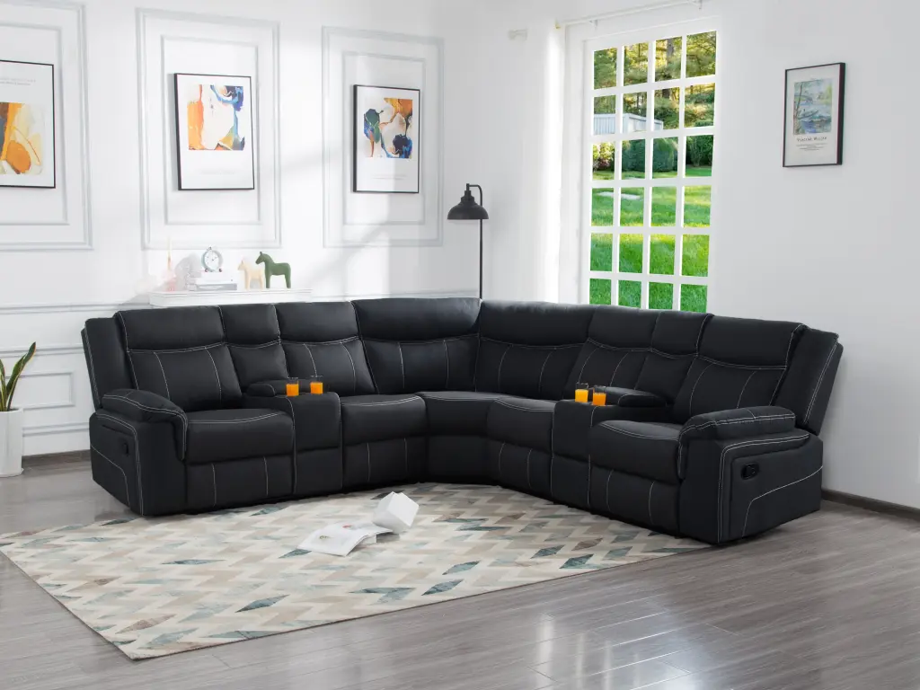 109.4 Inch Manual Reclining Sectional Sofa Black Polyester Blend 5PC relax lounge
