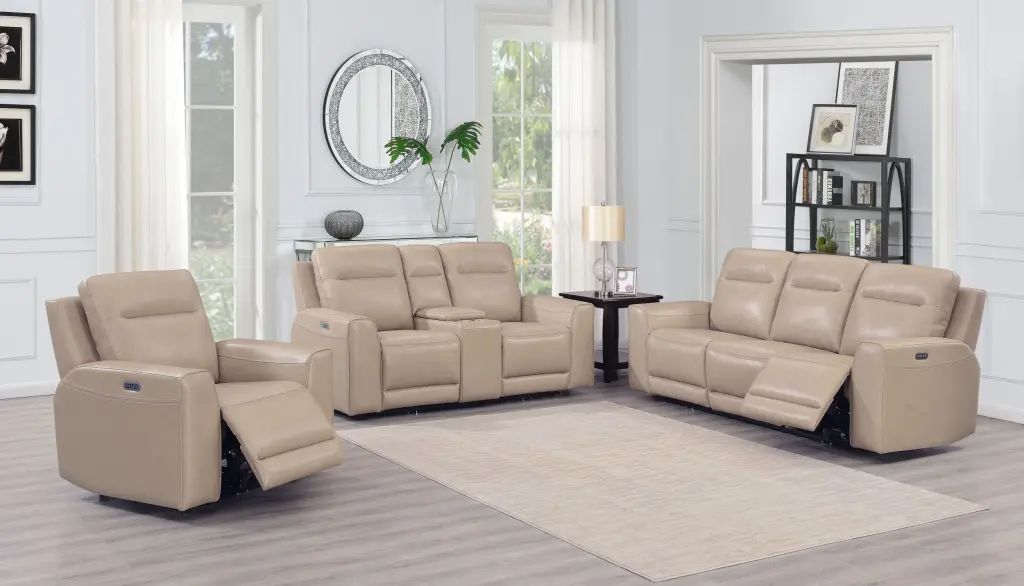 Doncella 3 Piece Power Reclining Living Room Set Beige Wood Accents steve silver furniture