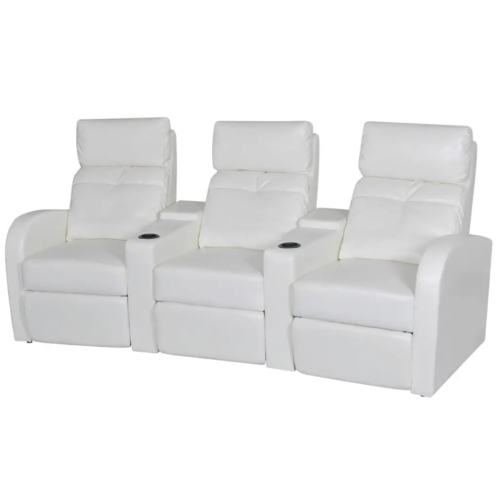 3-Seater Home Theater Recliner Sofa White Faux Leather Comfortable Movie Seating