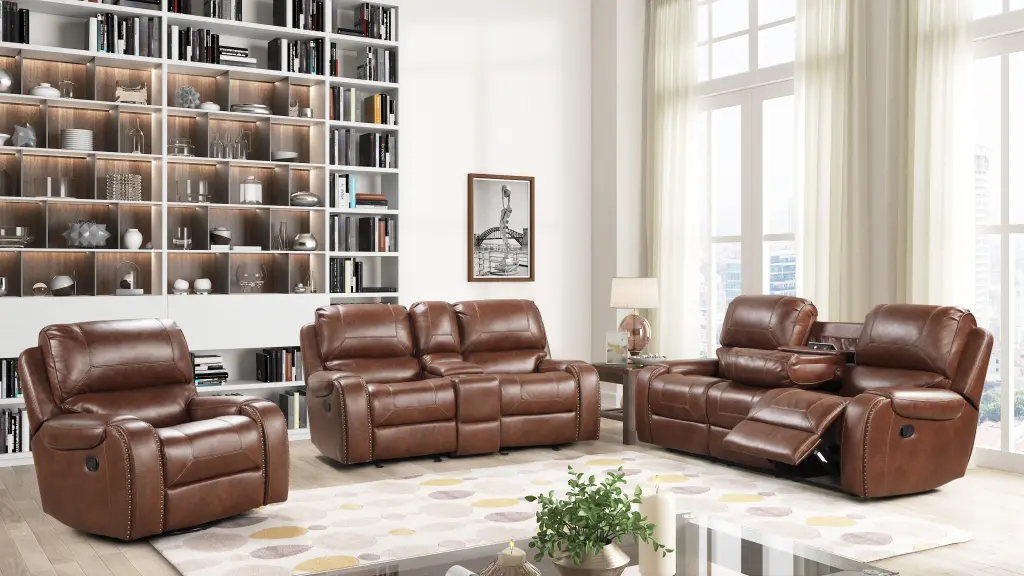 Achern Brown Leather Air Manual Reclining 3 Piece Sofa Set Brown Espresso hz