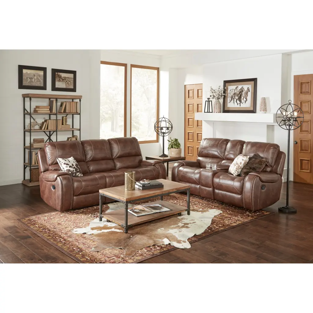 Achern Brown Leather Air Manual Reclining Sofa And Loveseat Storage hz