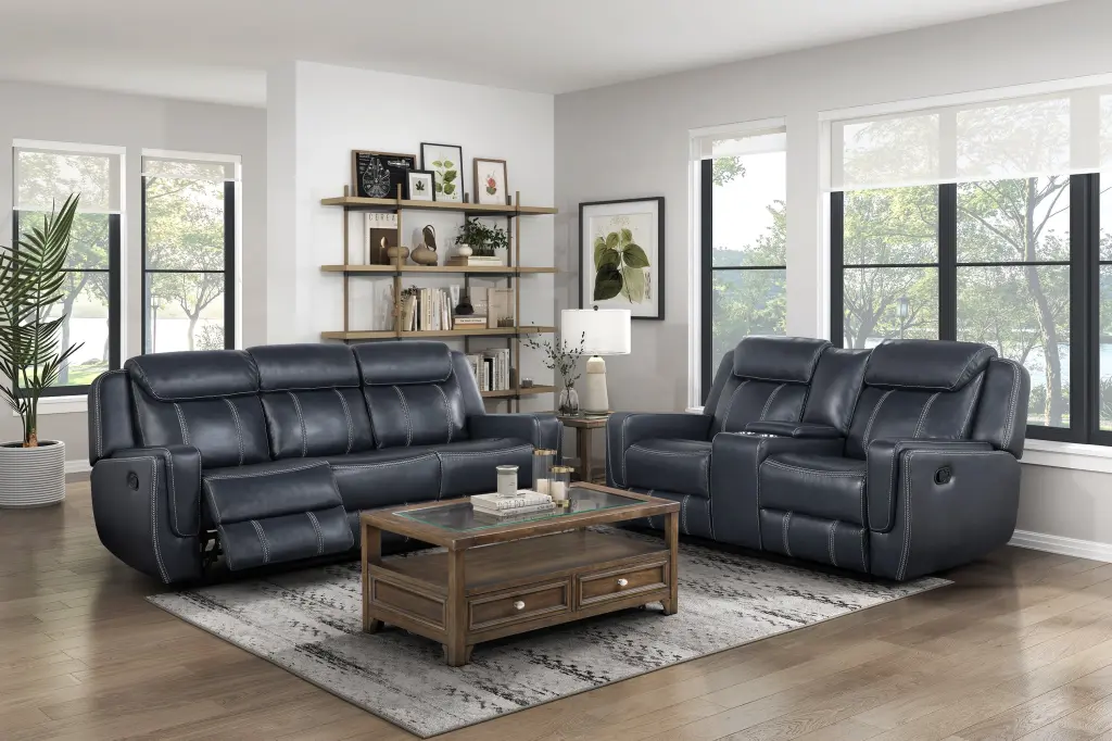 Modern Living Room Furniture 2 Piece Reclining Sofa Set Blue Faux Leather kanepe