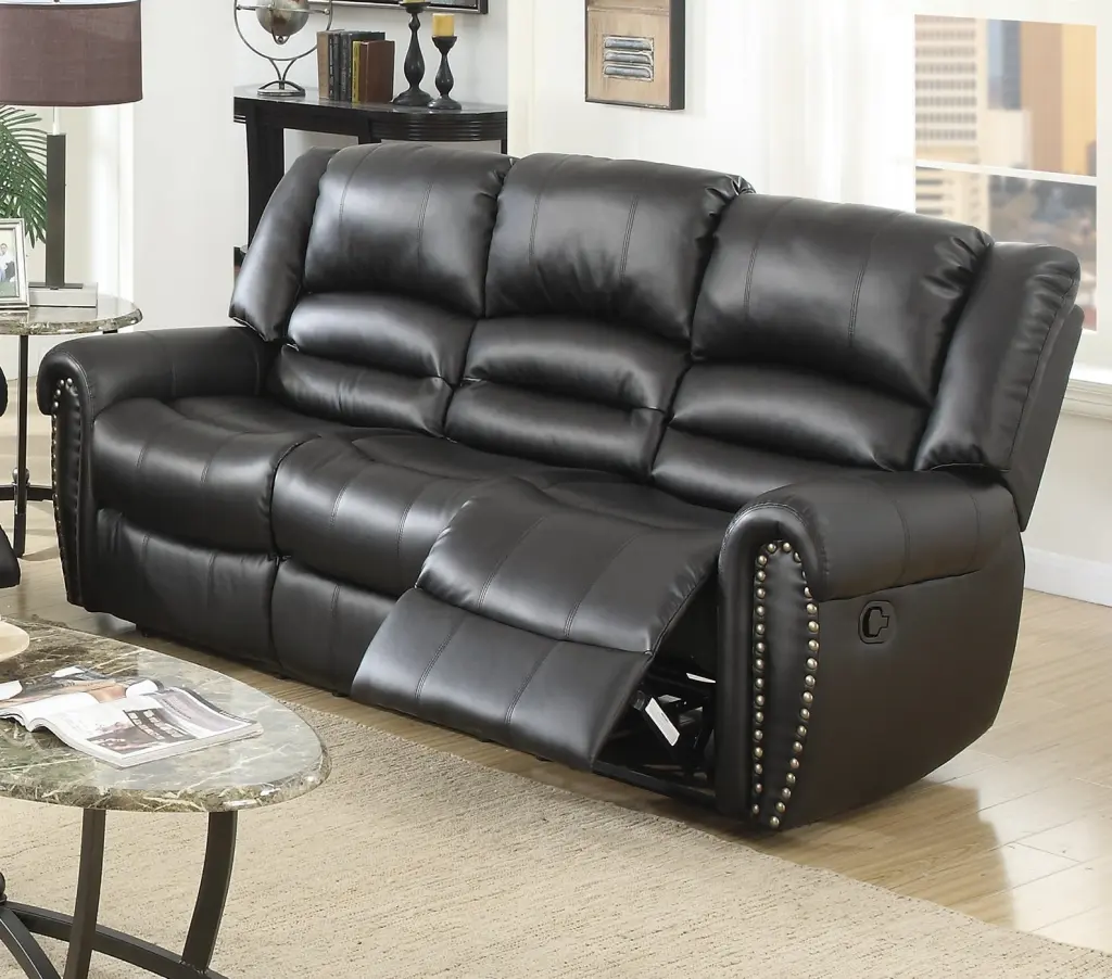 Plush Relax 1Pc Manual Motion Sofa Black Bonded Leather 3 Seater kanepe