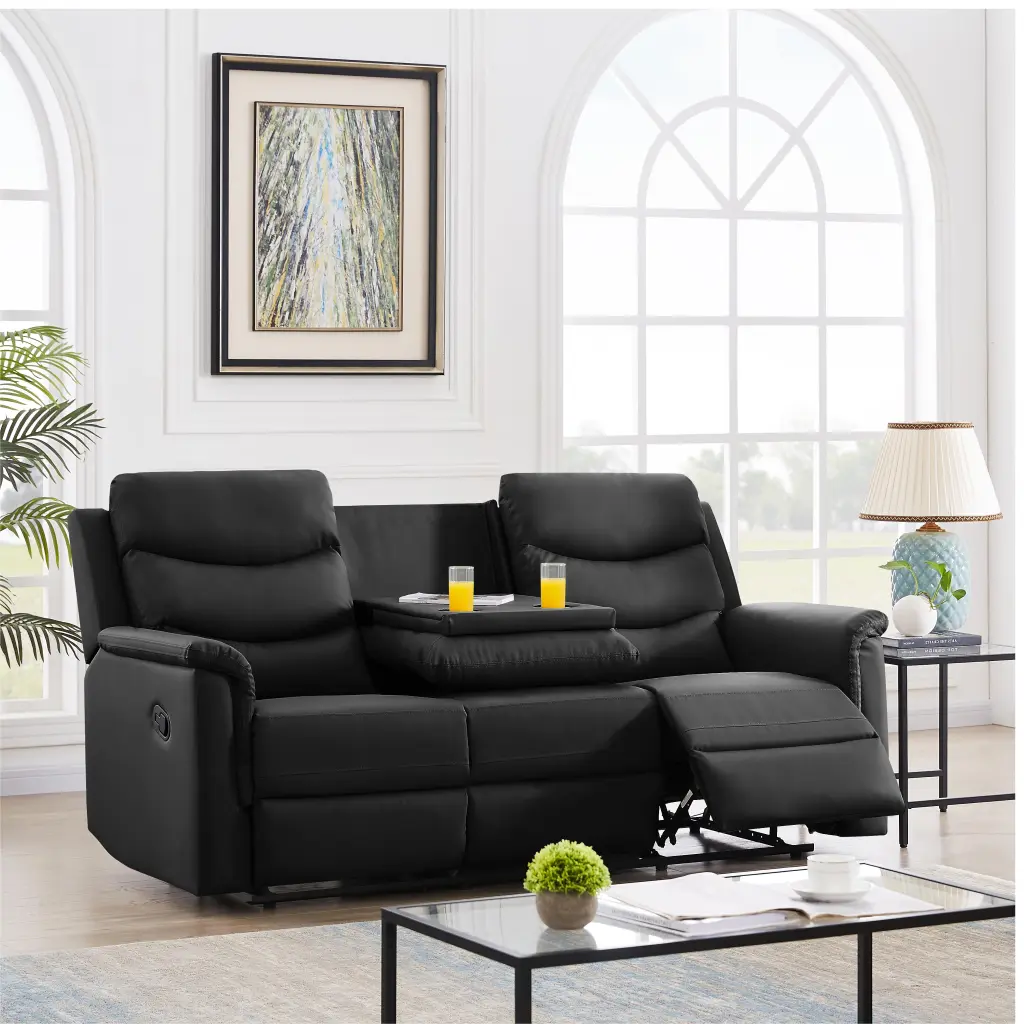 3 Seater Motion Sofa Black PU Leather Reclining Sofa relax lounge
