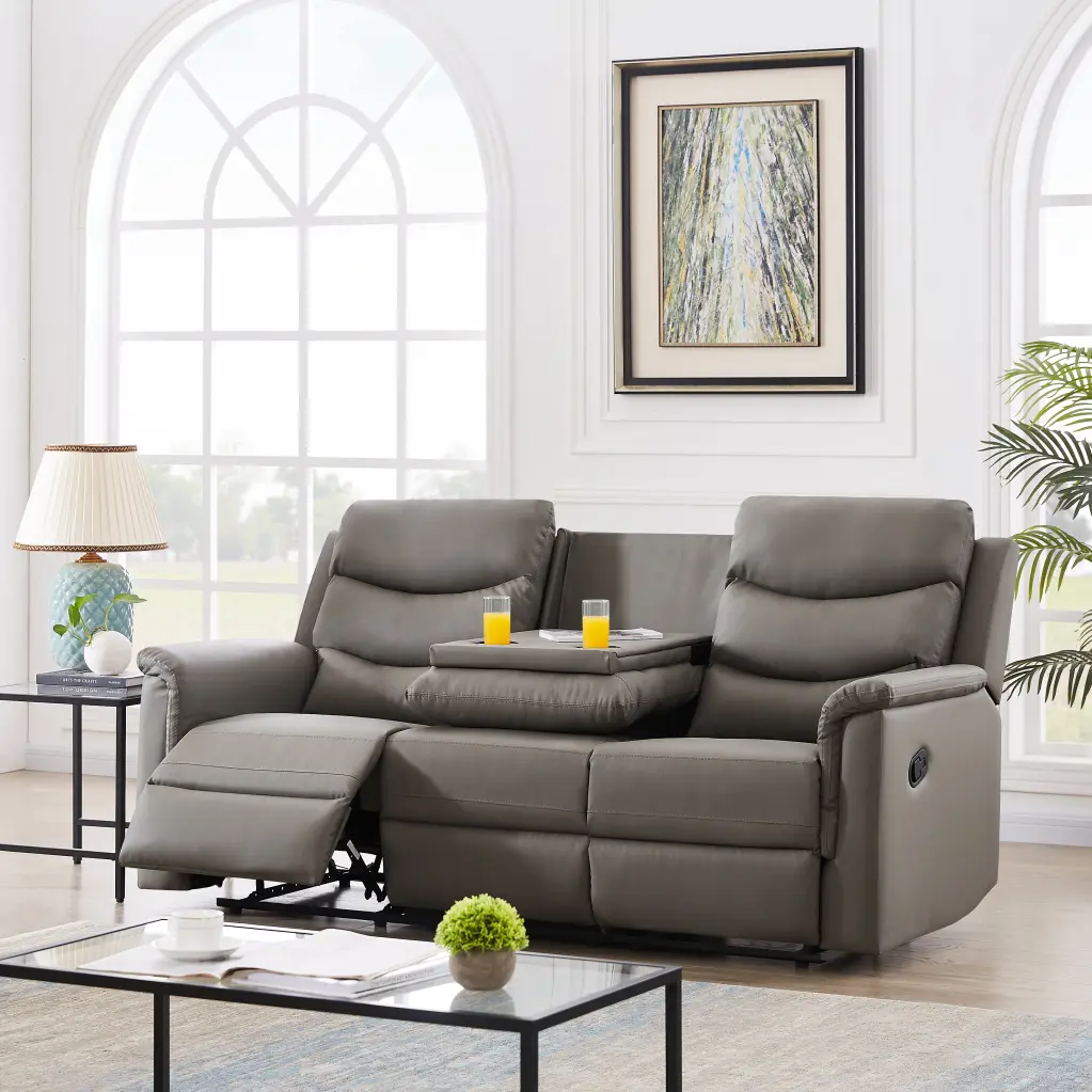 3 Seater Motion Sofa Grey Pu Leather, Reclining Sofa Power Motion relax lounge
