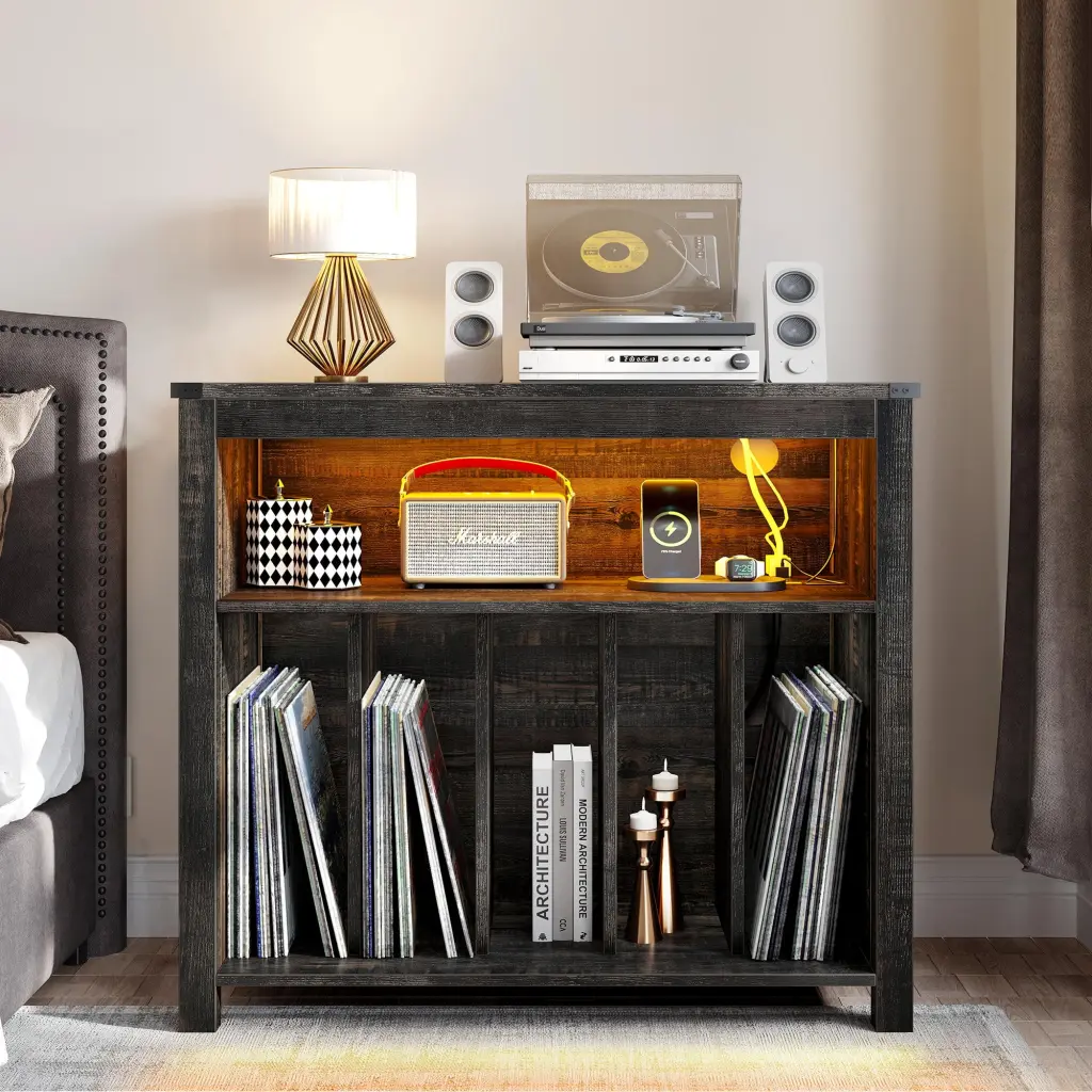 DWVO Large Turntable Stand Record Player Stand Power Outlets LED Lights Holds 200 Albums Rustic Oak