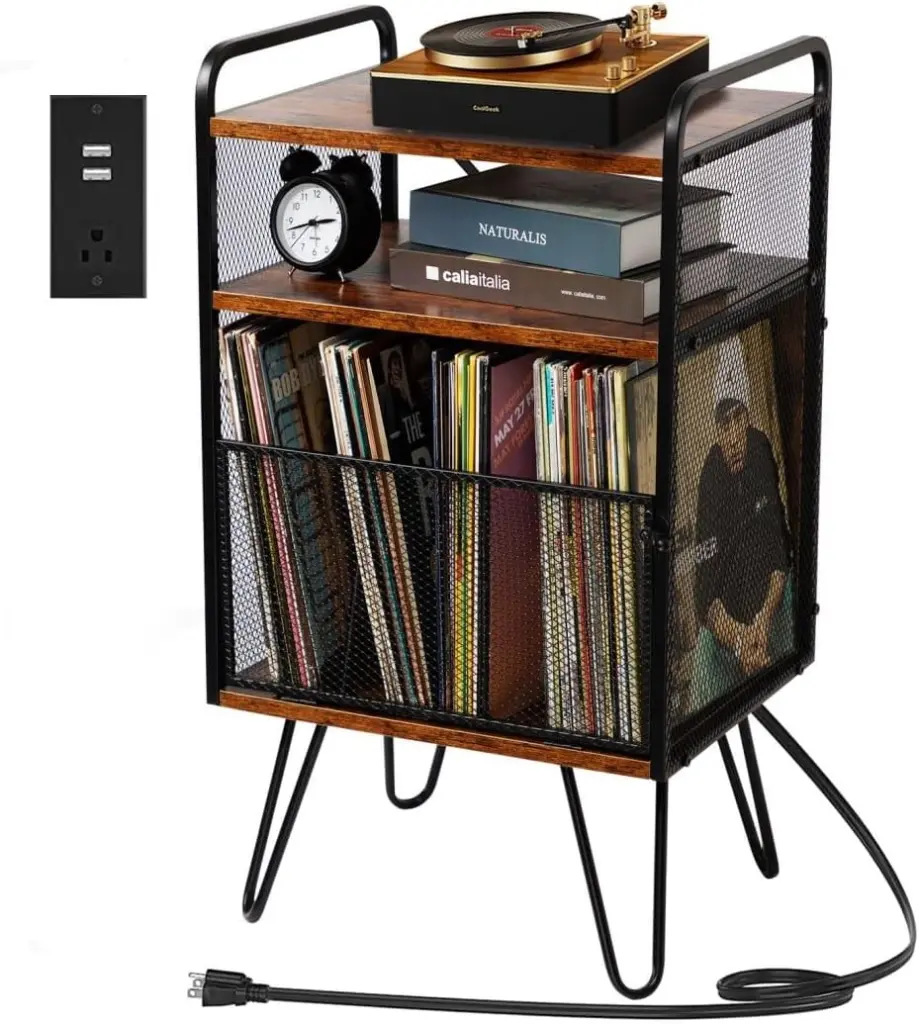 Hadulcet 3-Tier Record Player Stand Turntable Stand USB Ports and Outlets Rustic Brown