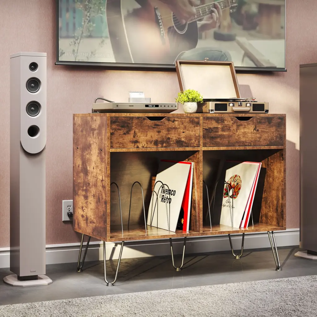TC-HOMENY Double Wide Turntable Stand Record Storage and Metal Hairpin Legs Holds 140 Albums