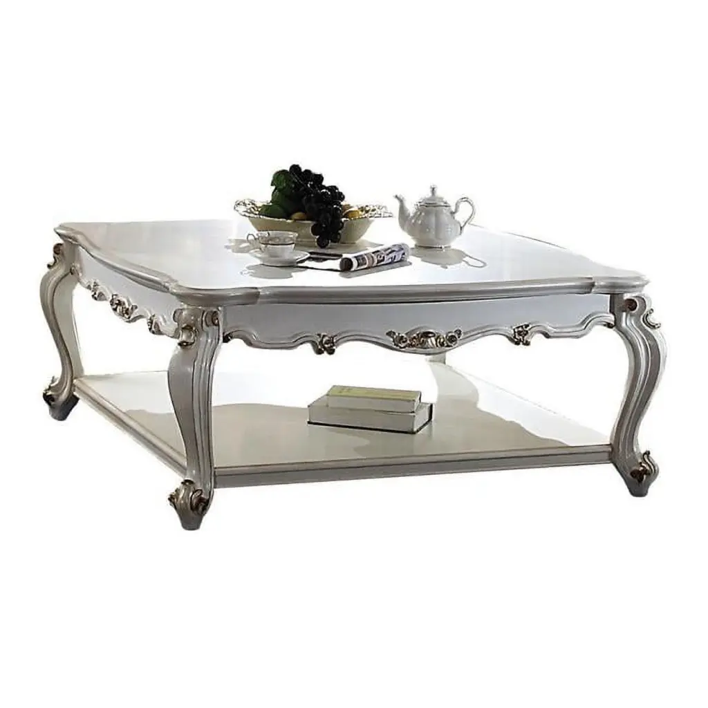 Antique Pearl Solid Wood Polyresin Rectangular Coffee Table Shelf 20 x 47 x 47 Inches Fancy Fixtures