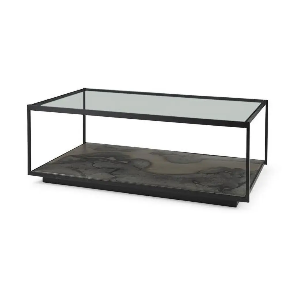 HomeRoots 393179 Glass Marble Rectangular Coffee Table Iron Base