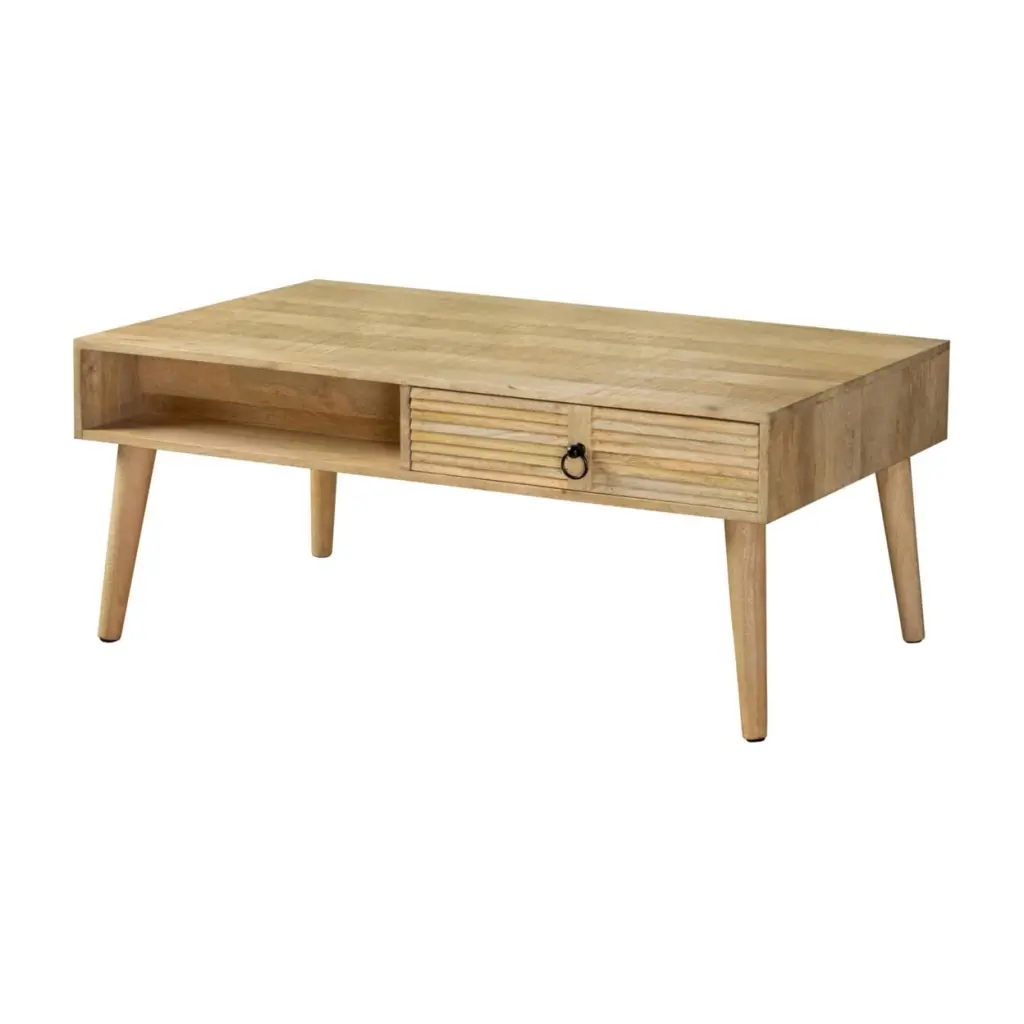 46 Inch Rectangular Coffee Table Single Drawer and Open Shelf Natural Brown Saltoro Sherpi