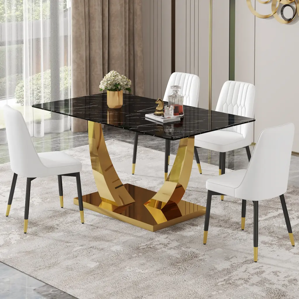Modern Rectangular Dining Table and Chair Set Black Texture Finish droom w-1151