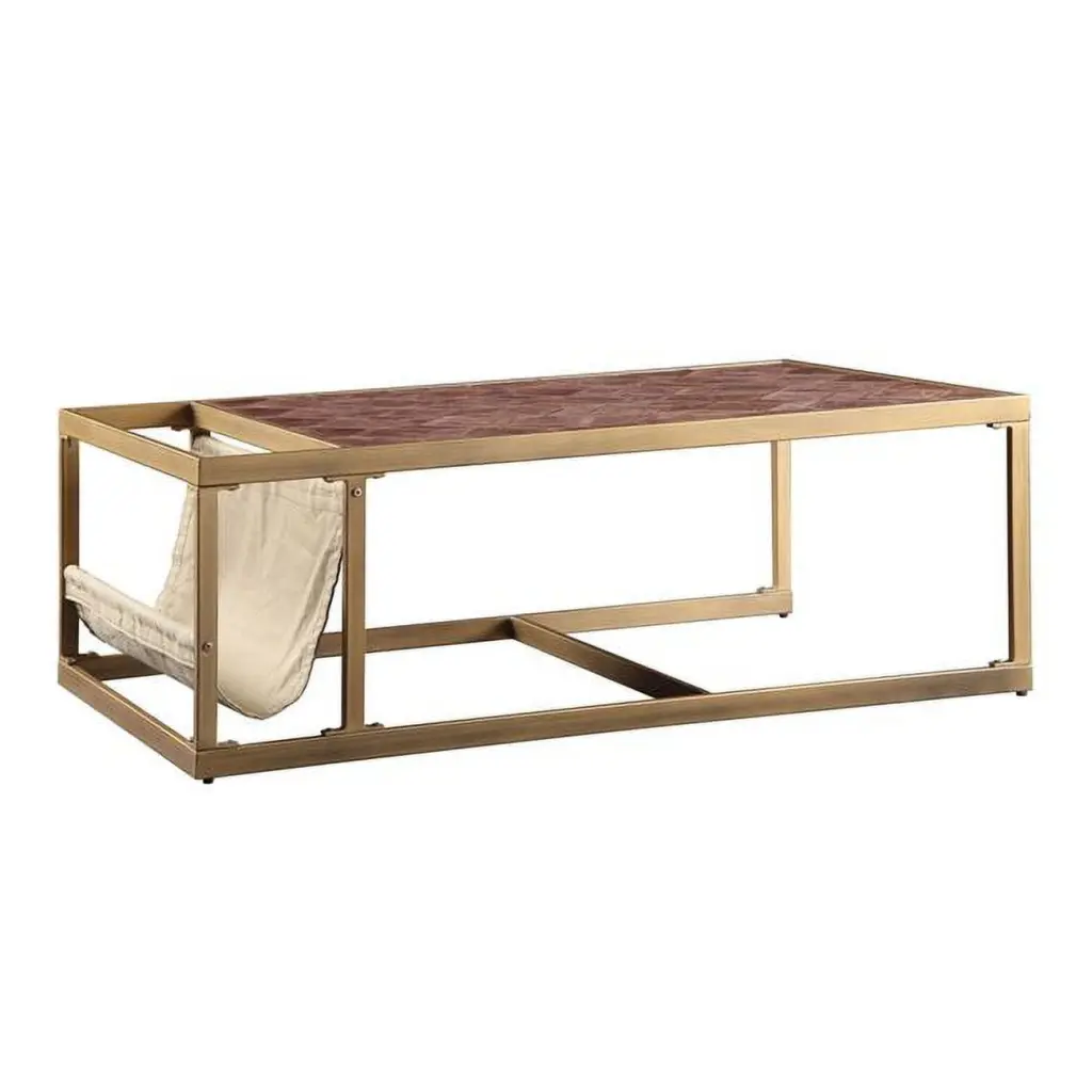 HomeRoots 51 Inch Brass Retro Brown Leather Rectangular Coffee Table