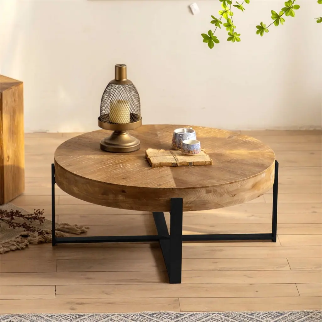 31.29 Inch Modern Retro Splicing Round Solid Wood Coffee Table Cross Legs Metal Base JINS & VICO