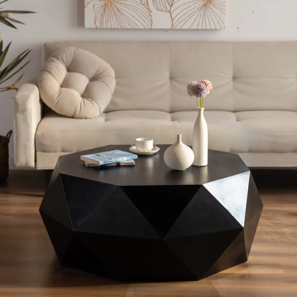 Miekor Furniture 38 Inch Black Retro Style Coffee Table Embossed Pattern
