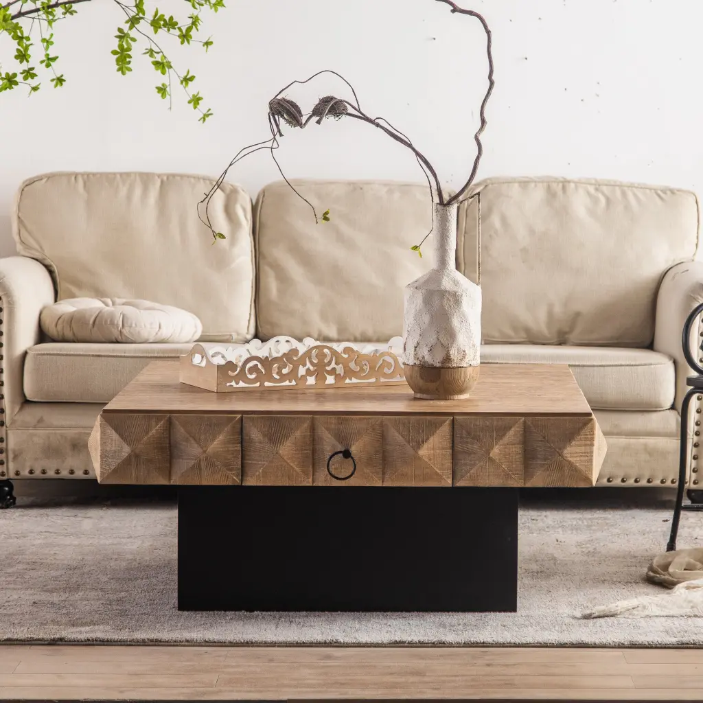 41.73 Inch Three Dimensional Embossed Pattern Square Retro Coffee Table Living Room spribung