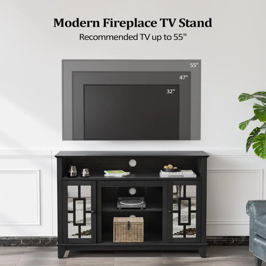 UBesGoo 55 Inch Retro Black Glass TV Stand Entertainment Center