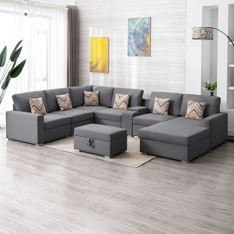 Nolan 135 Inch Gray Linen 8 Piece Reversible Chaise Sectional Sofa lilola home