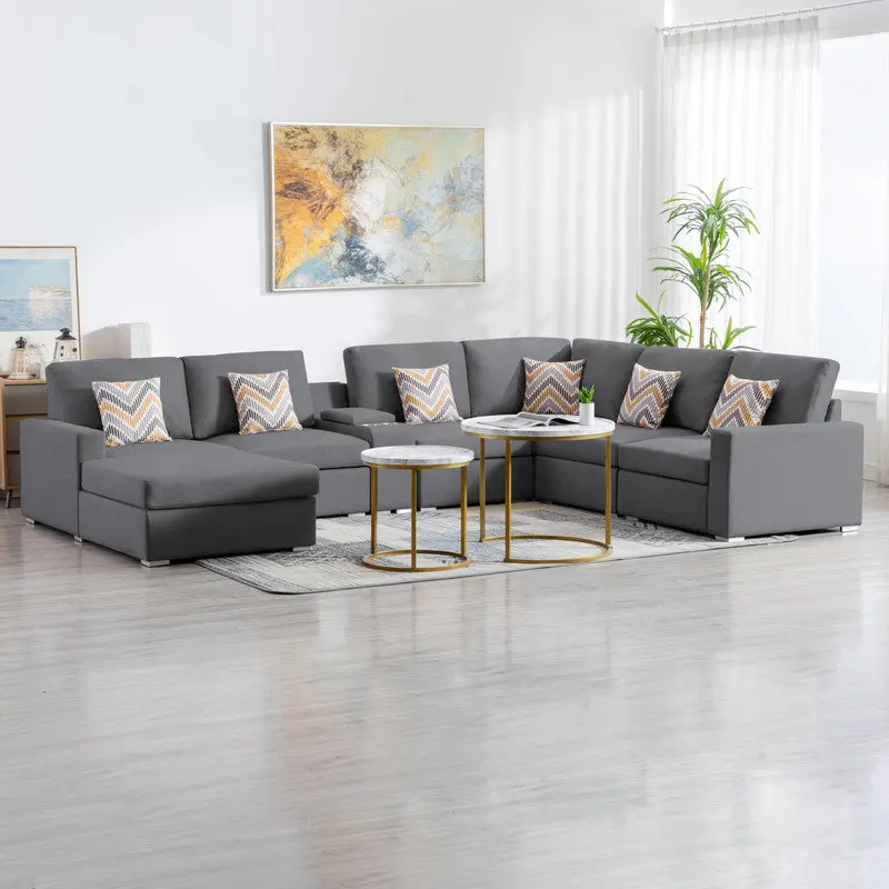 Nolan 135 Inch Gray Linen 7 Piece Reversible Chaise Sectional Sofa lilola home