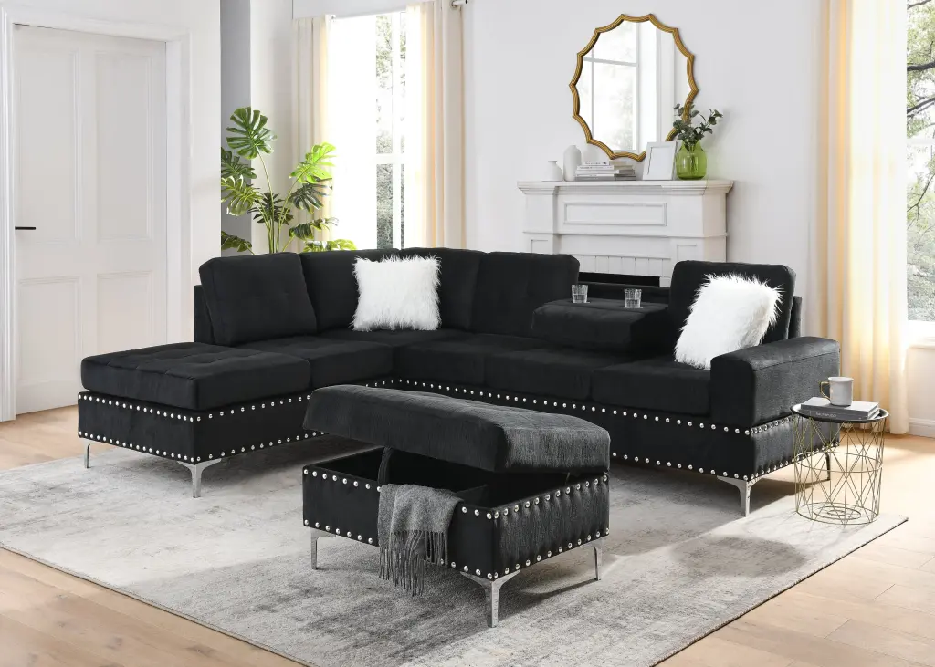 Sectional 3 Seaters Sofa Reversible Chaise Storage Ottoman And Cushions Living Room Furniture chuangyuan smart home