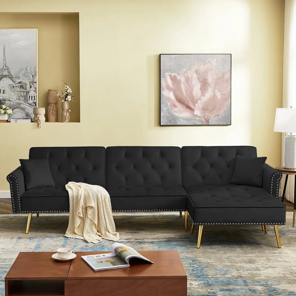 Modern Velvet Reversible Sectional Sofa Bed Convertible Couch cy furniture