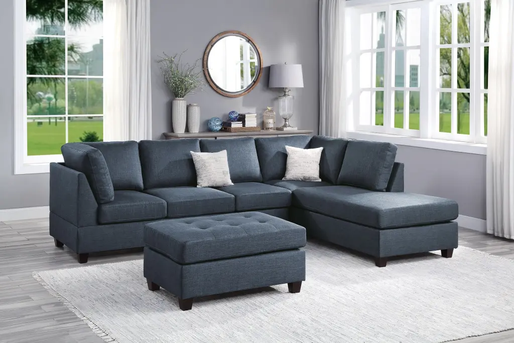 Contemporary 3Pc Reversible Sectional Sofa Set Ottoman Dark Blue kanepe