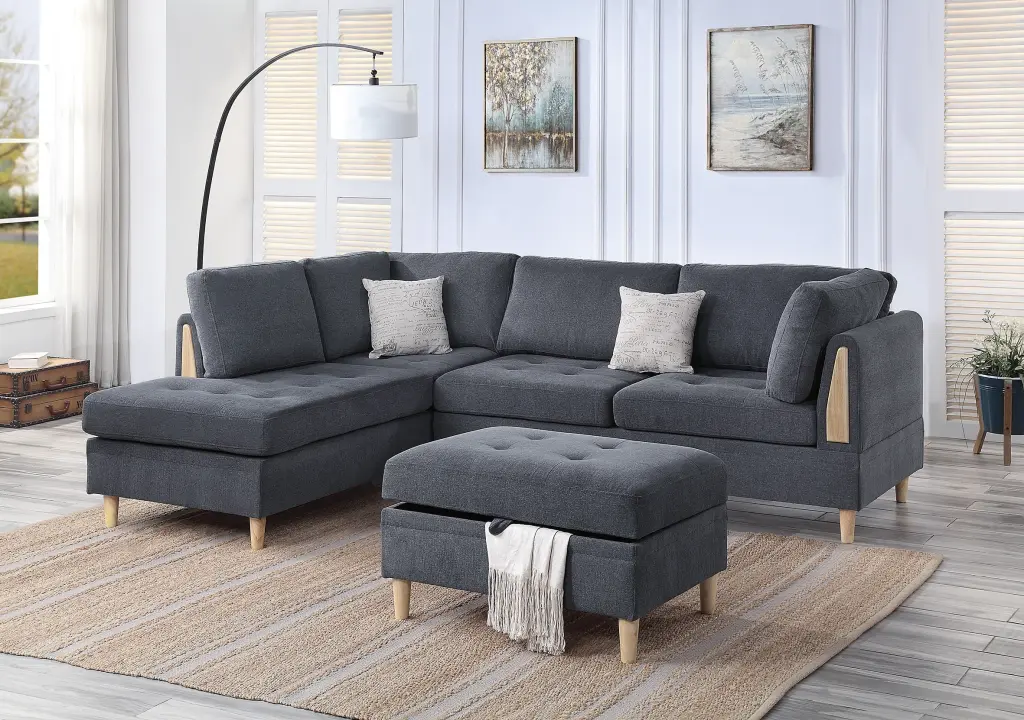 3 Pcs Reversible Sectional Set Living Room Furniture Charcoal Color Chenille kanepe