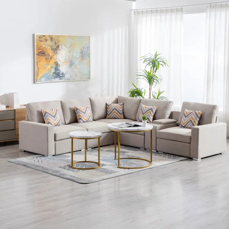 Nolan 106" Beige Linen 6Pc Reversible Sectional Sofa USB Charging lilola home