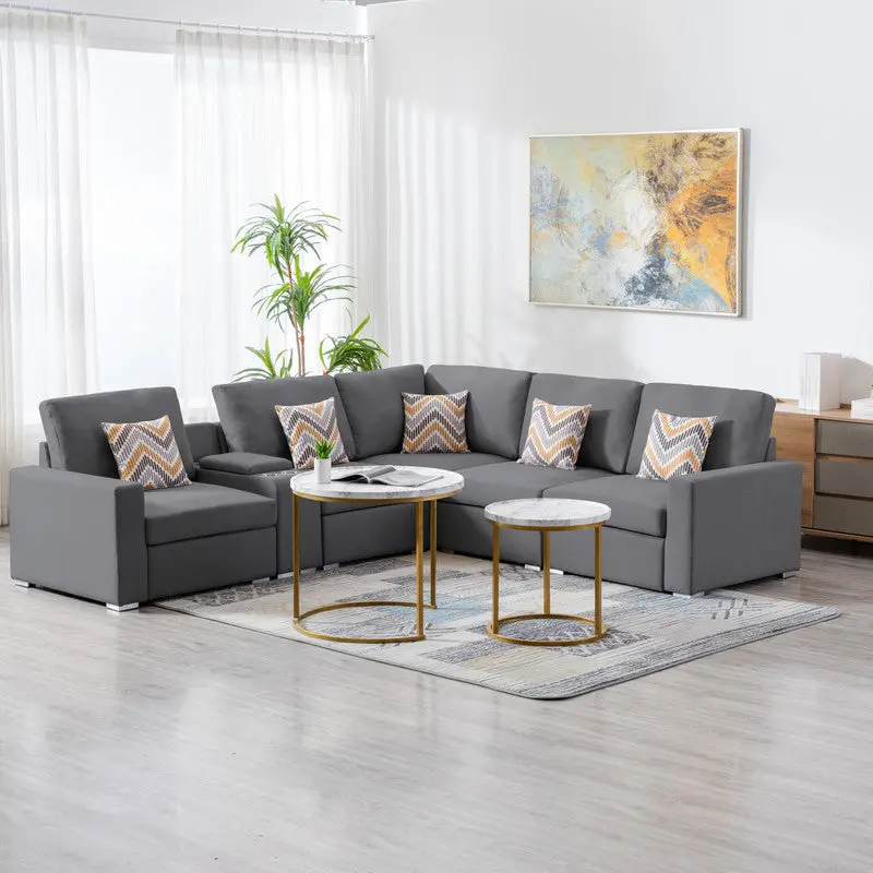 Nolan 106 Inch Gray Linen 6 Piece Reversible Sectional Sofa USB lilola home
