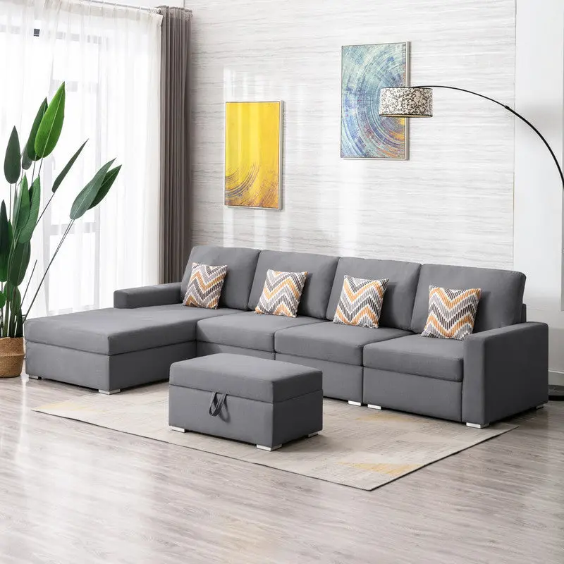 Nolan 124 Inch Gray Linen 5Pc Reversible Sofa Chaise Interchangeable Sections lilola home