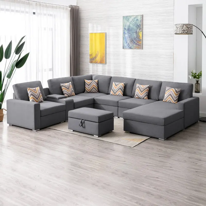 Nolan 124 Inch Gray Linen Fabric 8 Piece Reversible Chaise Sectional Sofa Pillows lilola home